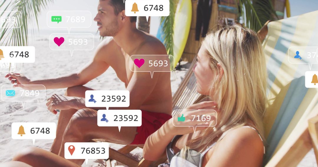 Couple Interacting with Social Media Notifications on Beach
