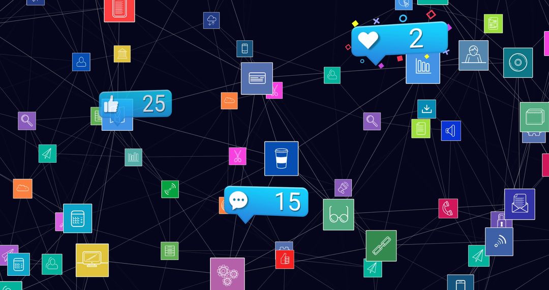 Colorful Social Media Icons with Network Connections on Dark Background