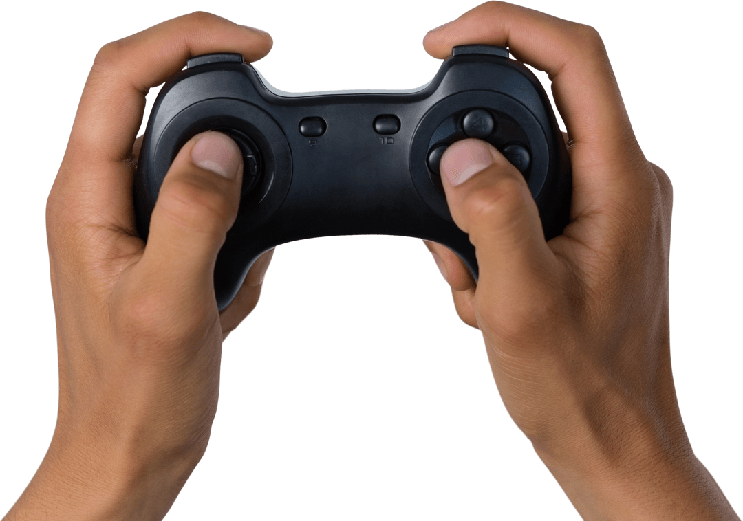 Transparent Hands Gripping Black Gaming Controller Close-Up