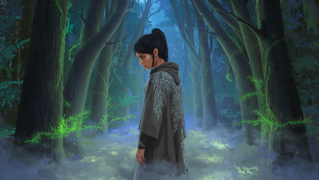 Teen Wanderer in Misty Twilight Forest Wearing Embroidered Hooded Cloak with Luminous Vines