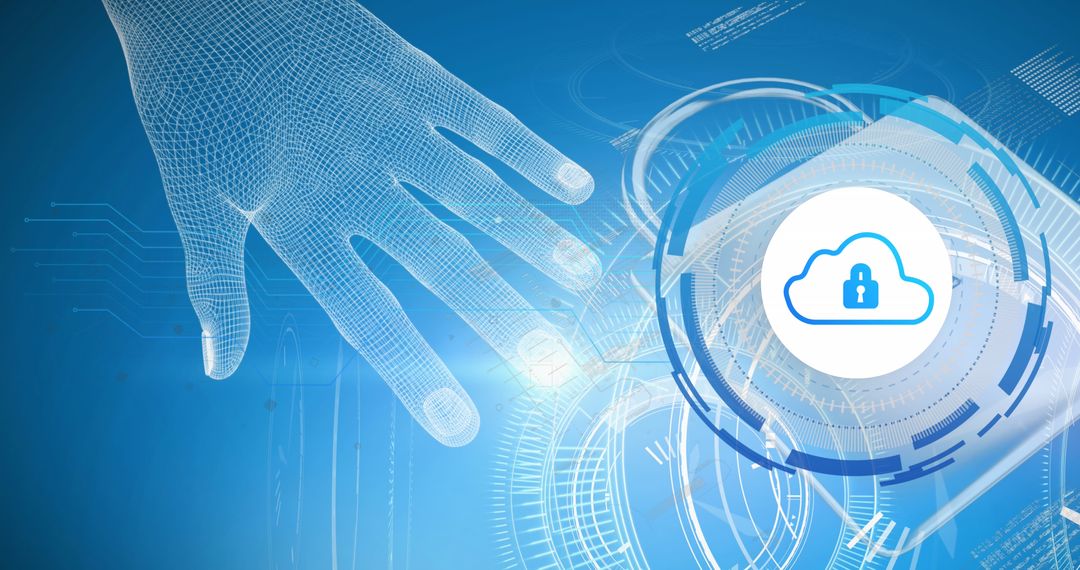 Digital Hand Touching Cloud Security Icon on Blue Background