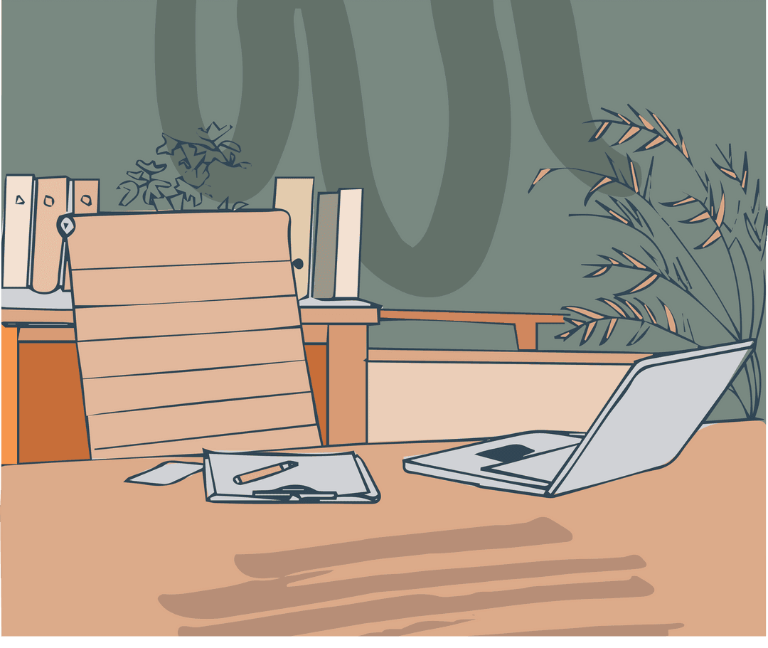 Modern Transparent Office Workspace Illustration with Green Accents