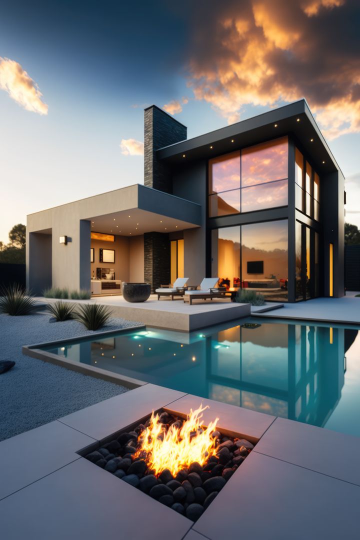Modern mansion surrounded with swimming pool and fireplace, created using generative ai technology - Free Images, Stock Photos and Pictures on Pikwizard.com