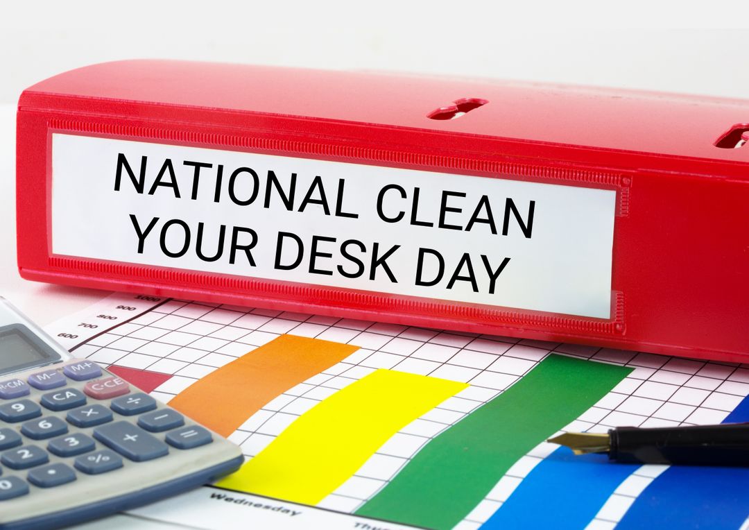 Composite image of national clean your desk day text on folder by graph and calculator - Free Images, Stock Photos and Pictures on Pikwizard.com