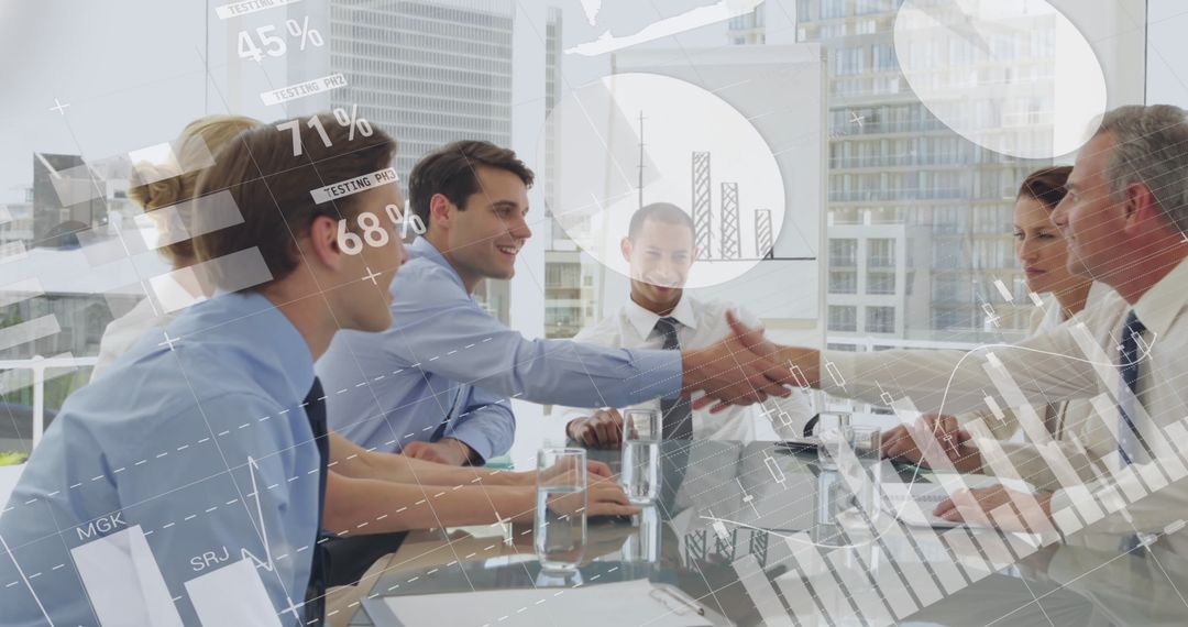 Business Meeting Handshake with Data Graphics Overlay