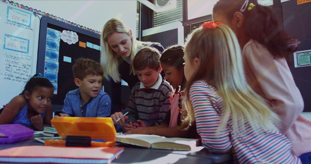 Teacher Engaging with Diverse Elementary Students in Classroom