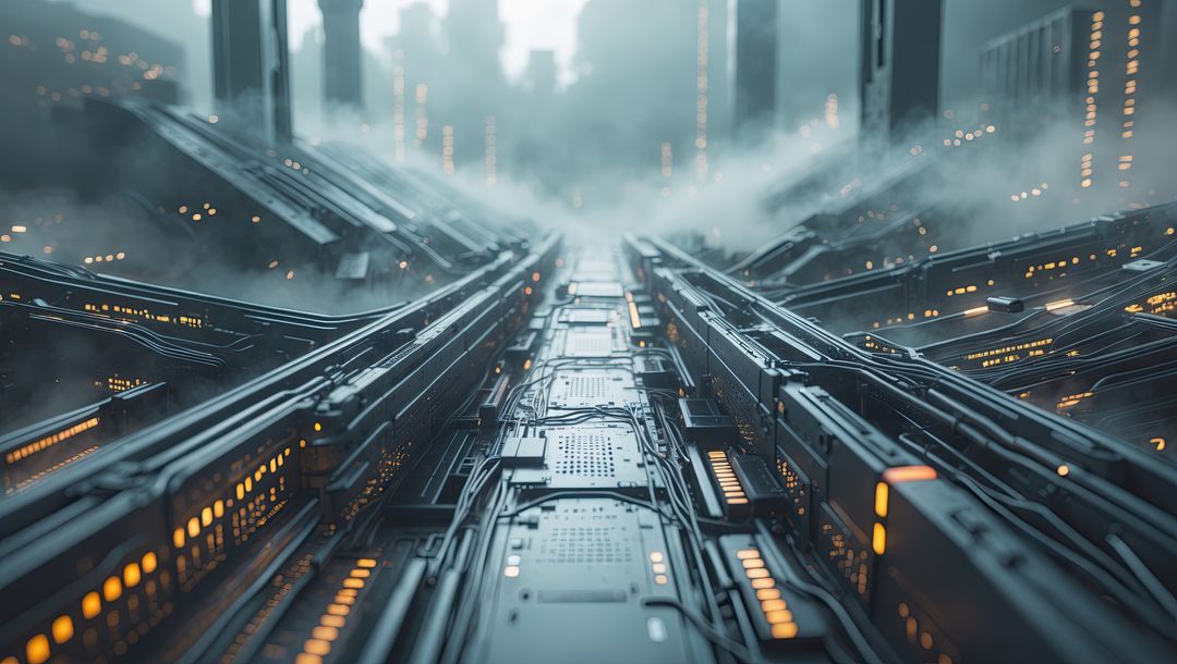 Futuristic Metallic Corridor with LED Technology and Server Racks