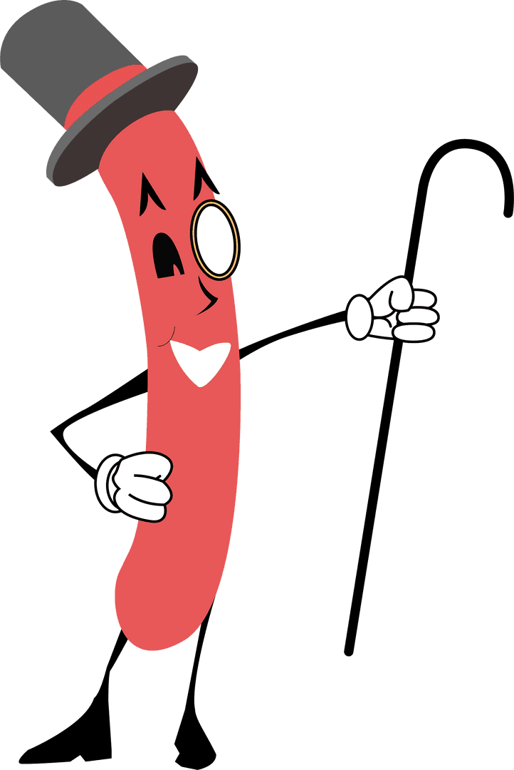 Playful Sausage Cartoon Character with Top Hat on Transparent Background