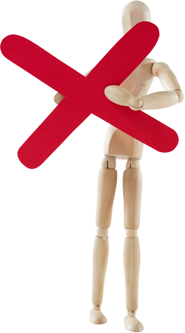 Transparent Wooden Figure Holding Red Cross for Error Concept