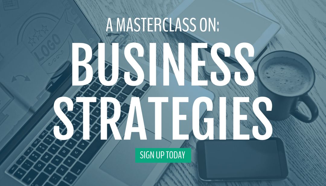 Business Strategies Masterclass Promo with Coffee and Laptop - Download Free Stock Templates Pikwizard.com