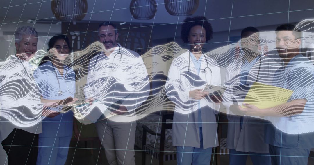 Medical Team Collaboration and Innovation with Futuristic Grid Overlay