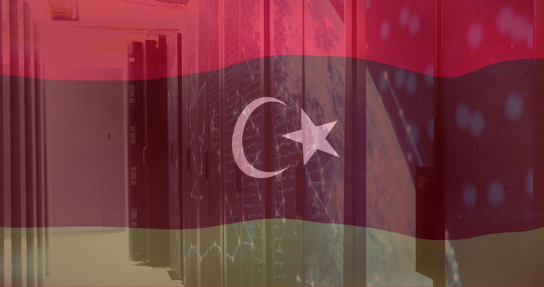 Libya Flag and Digital Data Overlay on Server Room