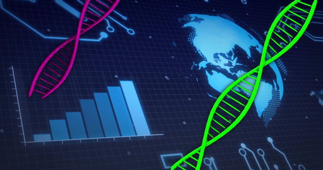 Global Genetics DNA Strands with Tech and Data Visualization