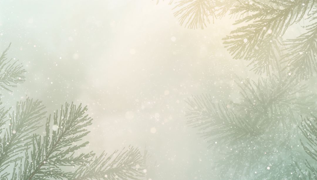 Evergreen Pine Branches Framing Winter Snow Bokeh Background with Soft Pastel Mist