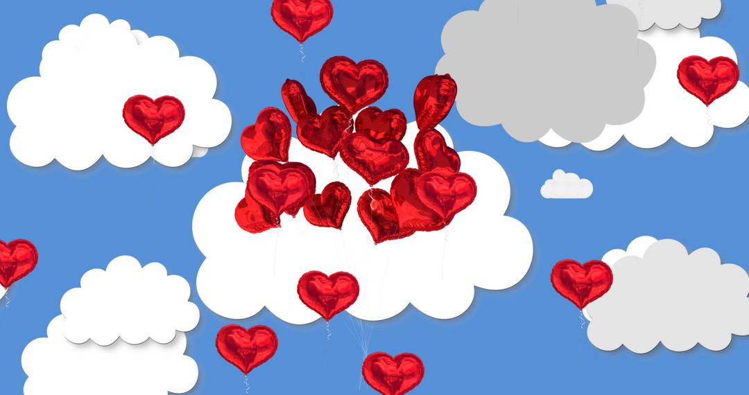 Red Heart Balloons Amid Clouds Under Blue Sky