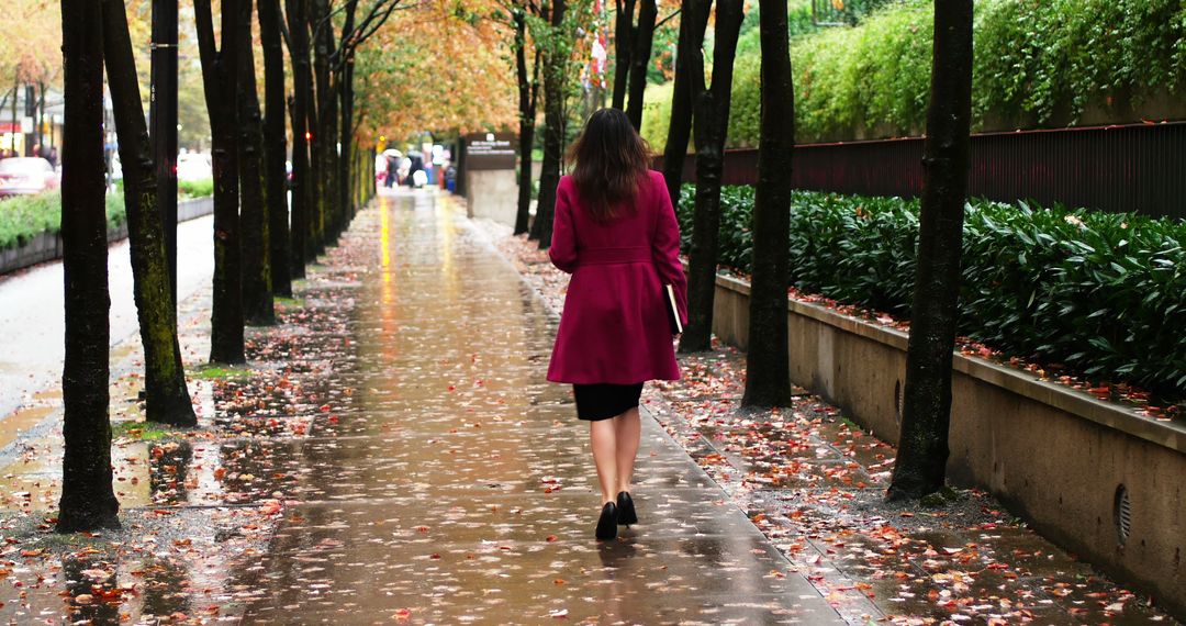 Woman Walking on Rainy Street in Autumn - Free Images, Stock Photos and Pictures on Pikwizard.com