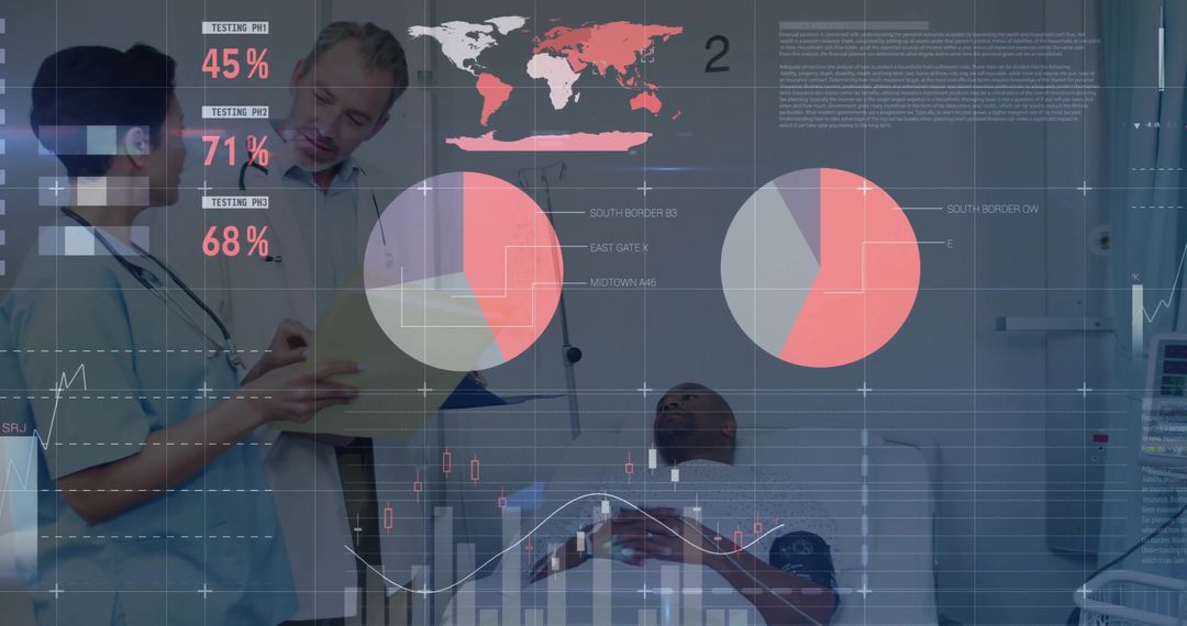 Medical team reviewing patient data visualization at bedside consultation with analytics