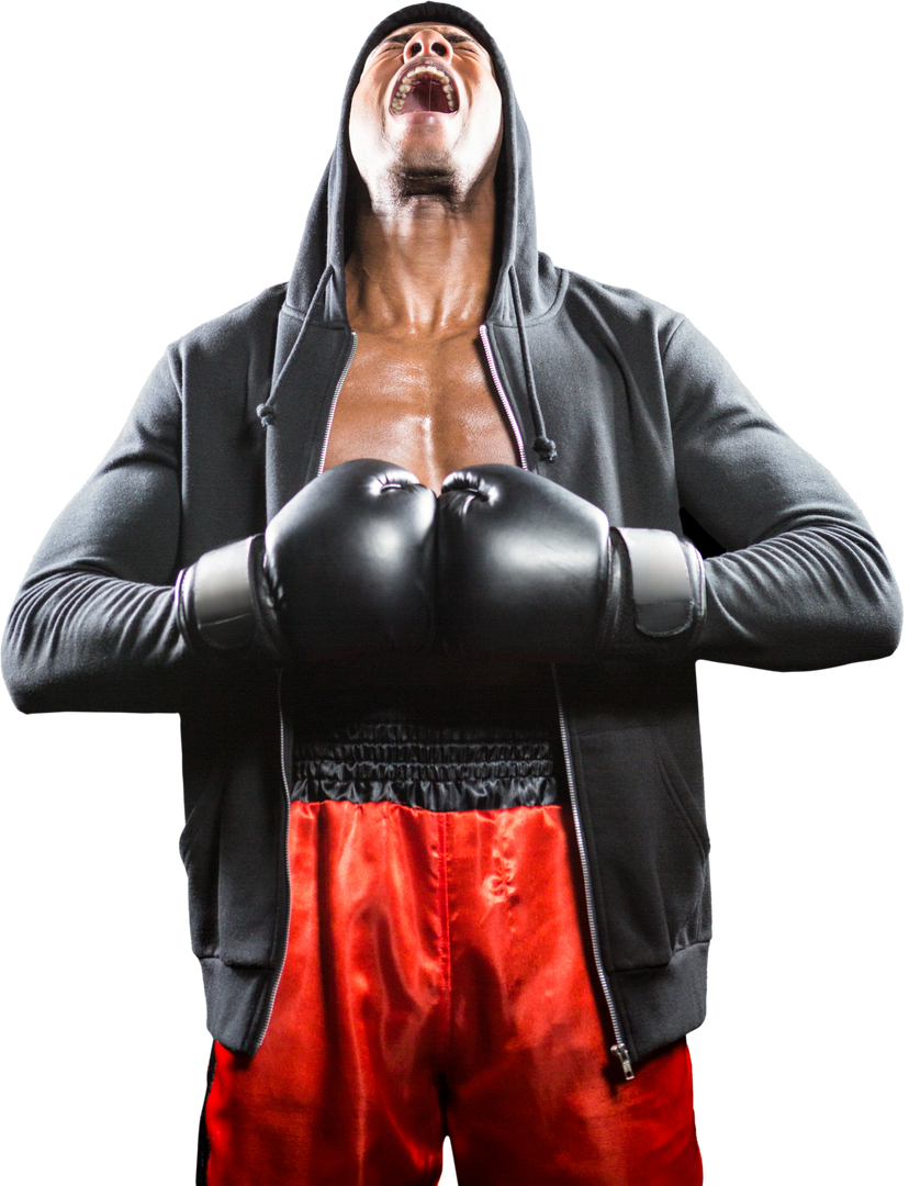 Transparent boxer in black hoodie with fists clenched shouting - Download Free Stock Images Pikwizard.com