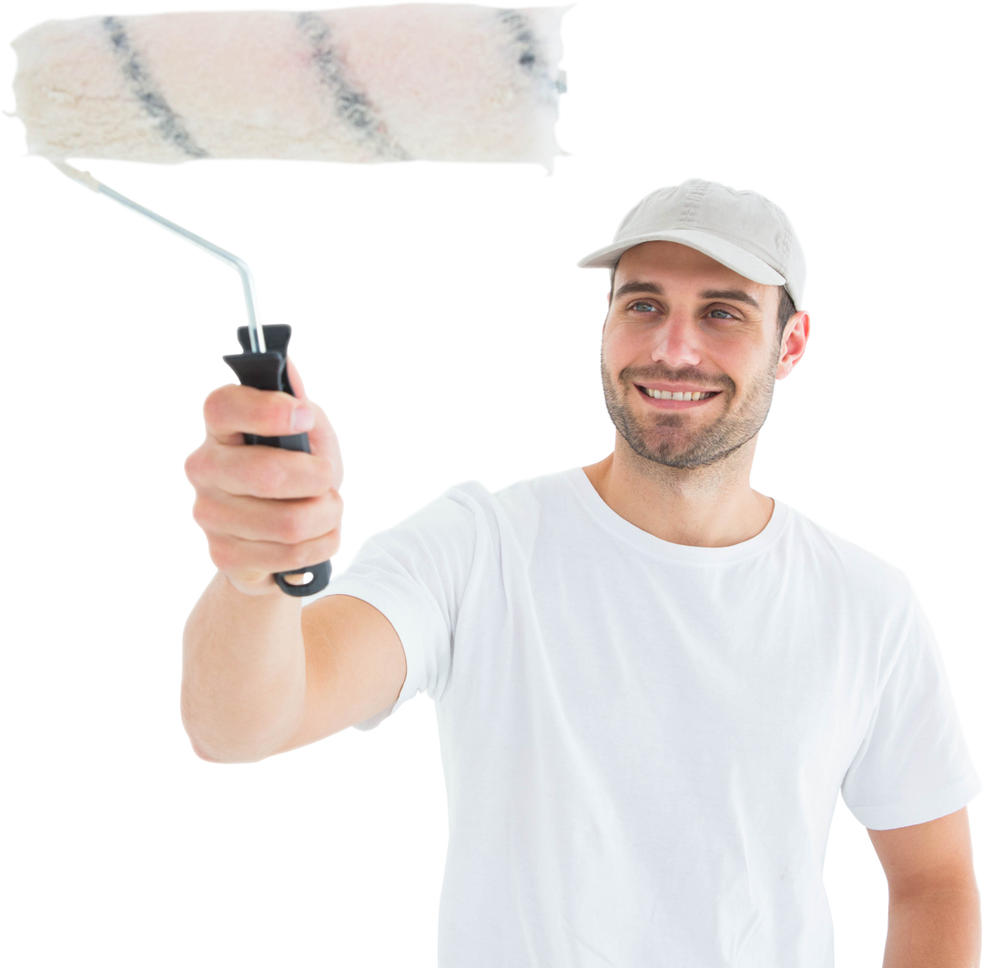 Smiling Man Holding Paint Roller on Transparent Background - Download Free Stock Images Pikwizard.com