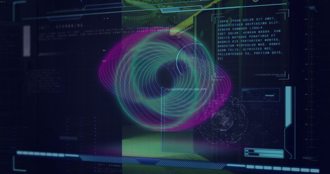 Abstract Digital Interface with Data Overlays in Server Room