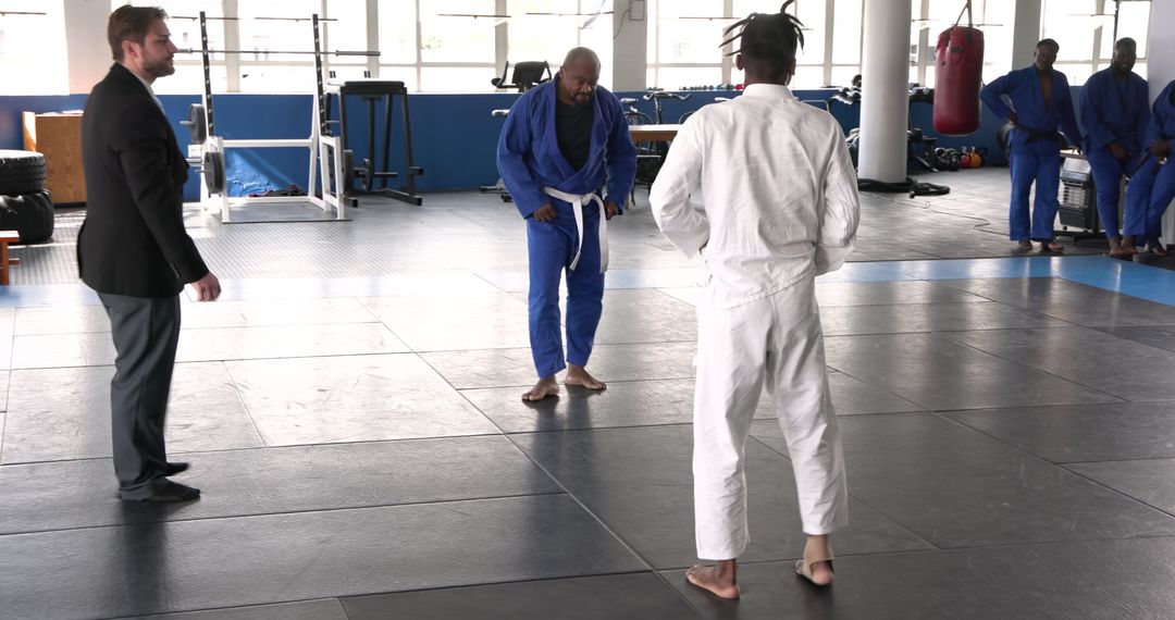 Martial Arts Training Session with Bowing Partners in Dojo