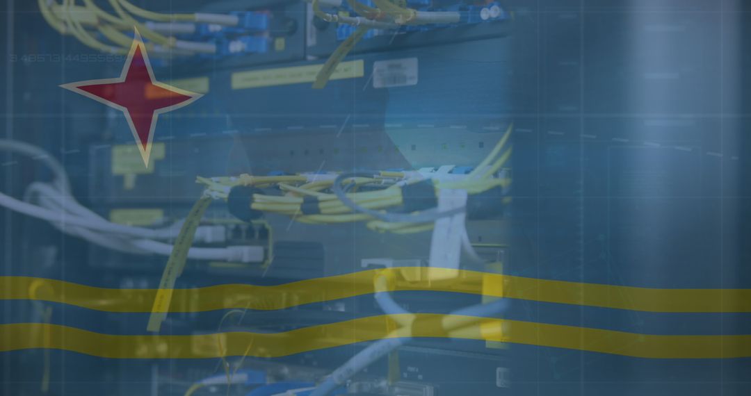 Aruba Flag Overlay on High-Tech Server Room, Symbolizing Digital Progress
