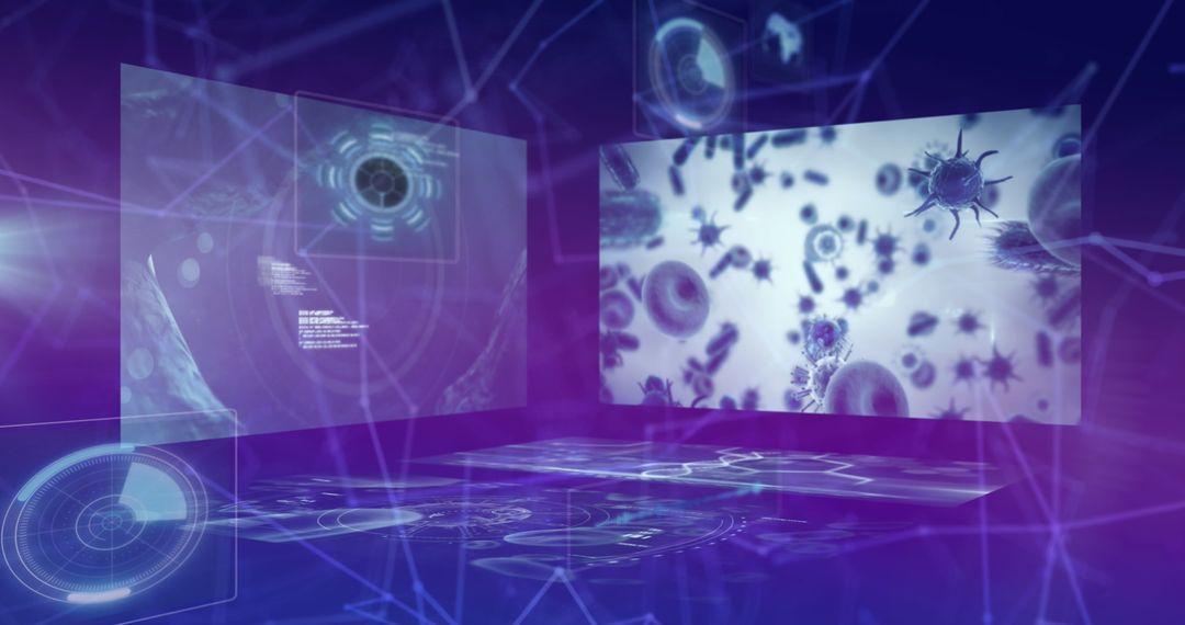 Futuristic Holographic Panels with Cell Data Analysis in Sci-Fi Interface