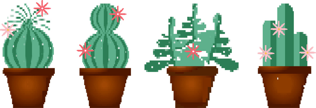 Pixel Art Cacti Collection with Transparent Background and Clay Pots
