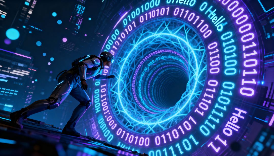 Crouching Exosuit Operative Reaching Toward Neon Binary Portal in Cyberpunk Cityscape