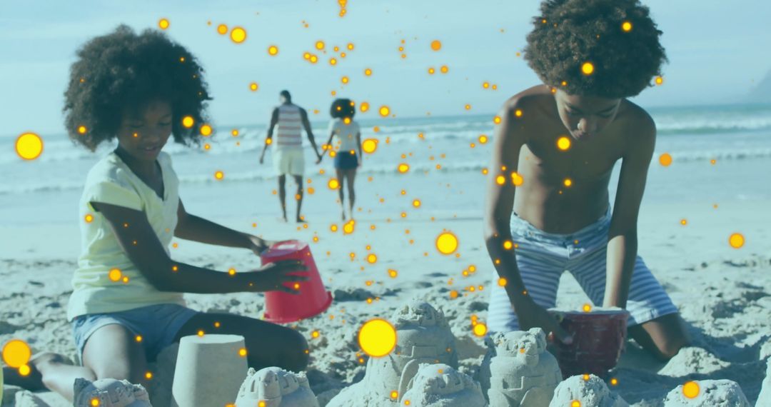 Children Building Sandcastles on Beach in Bright Summer Scene