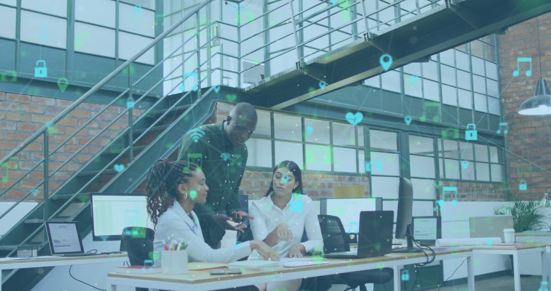 Digital Network Icons Overlaying Diverse Team at Office Meeting