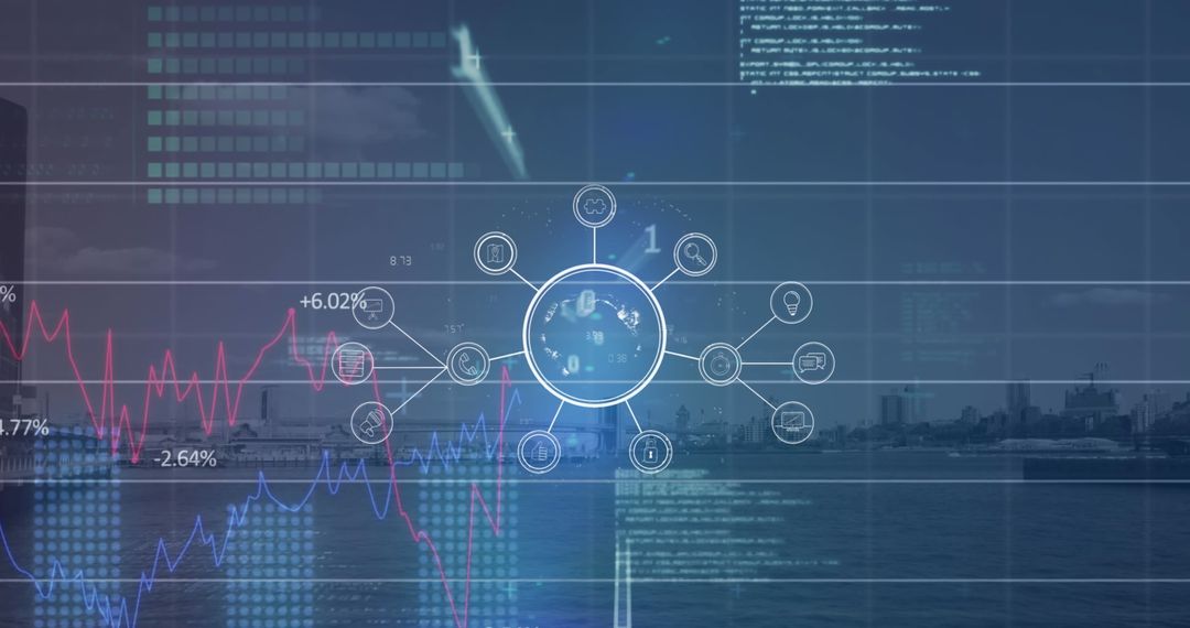 Digital Interface Overlay with Financial Data and Cityscape
