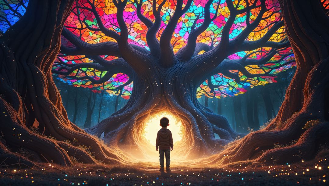 Magical forest portal and schoolboy by the dreaming tree on enchanted evening