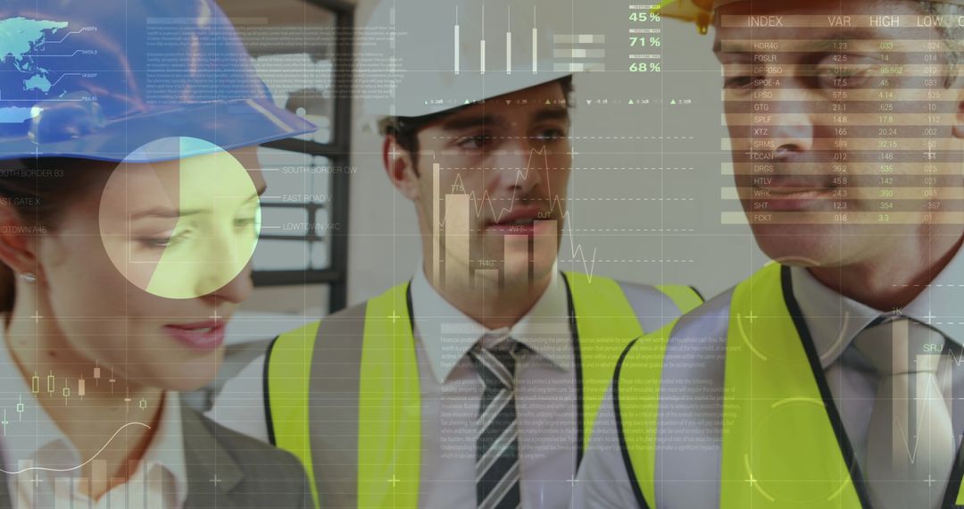 Architects Analyzing Building Plans with Futuristic Graph Overlays