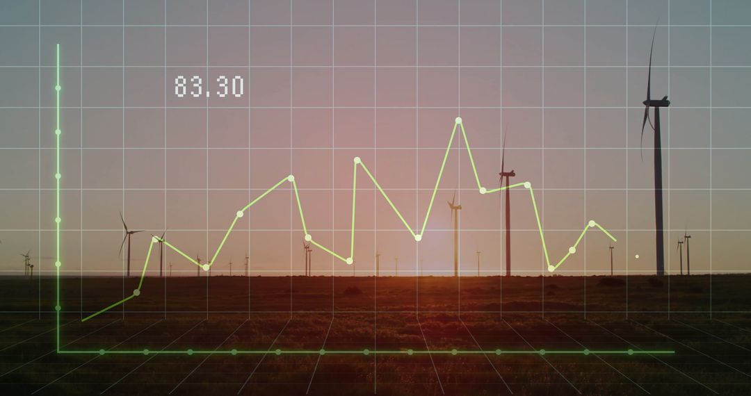 Renewable Energy Growth Shown by Graph Over Wind Turbines at Sunset