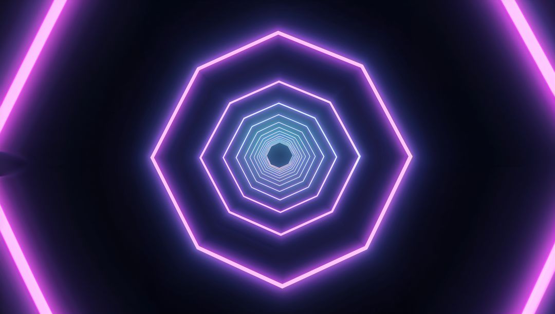 Futuristic Neon Polygonal Tunnel with Vibrant Purple and Cyan Hues