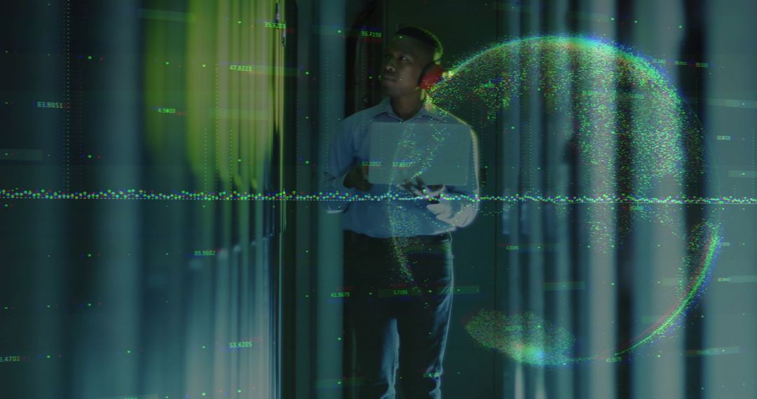 Tech Professional Analyzing Data with Holographic Globe in Server Room