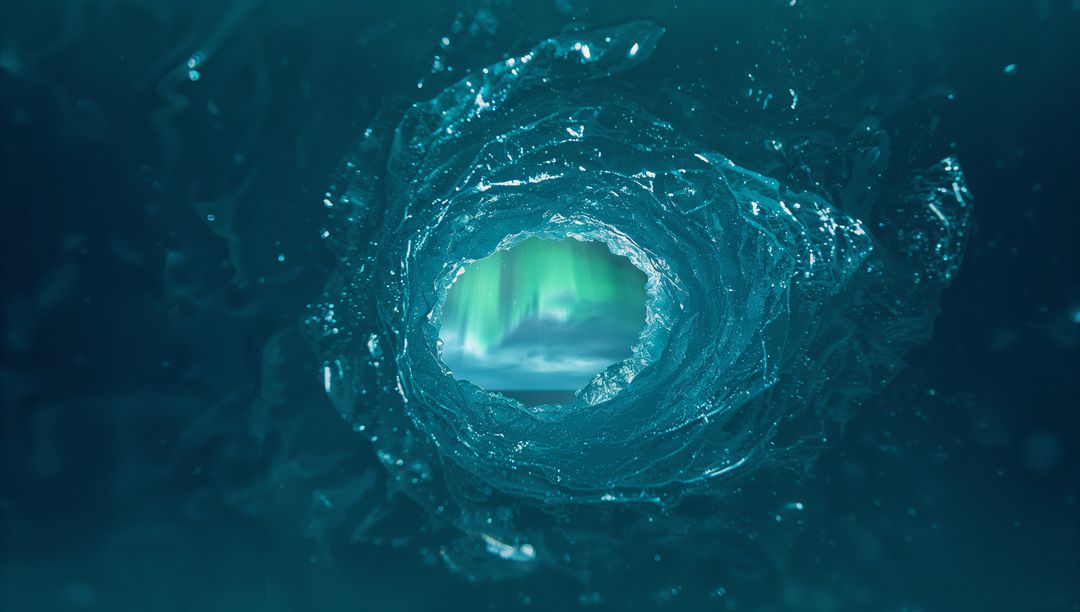 Frozen Tunnel Revealing Glowing Aurora Borealis Through Ice