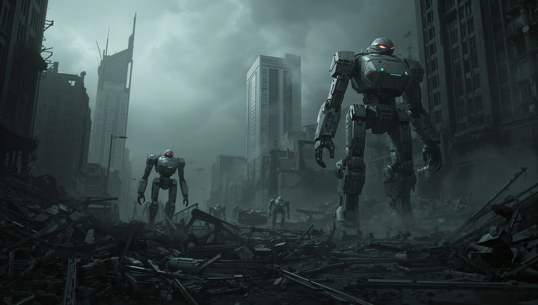 Giant Armored Robots in Ruined Cityscape