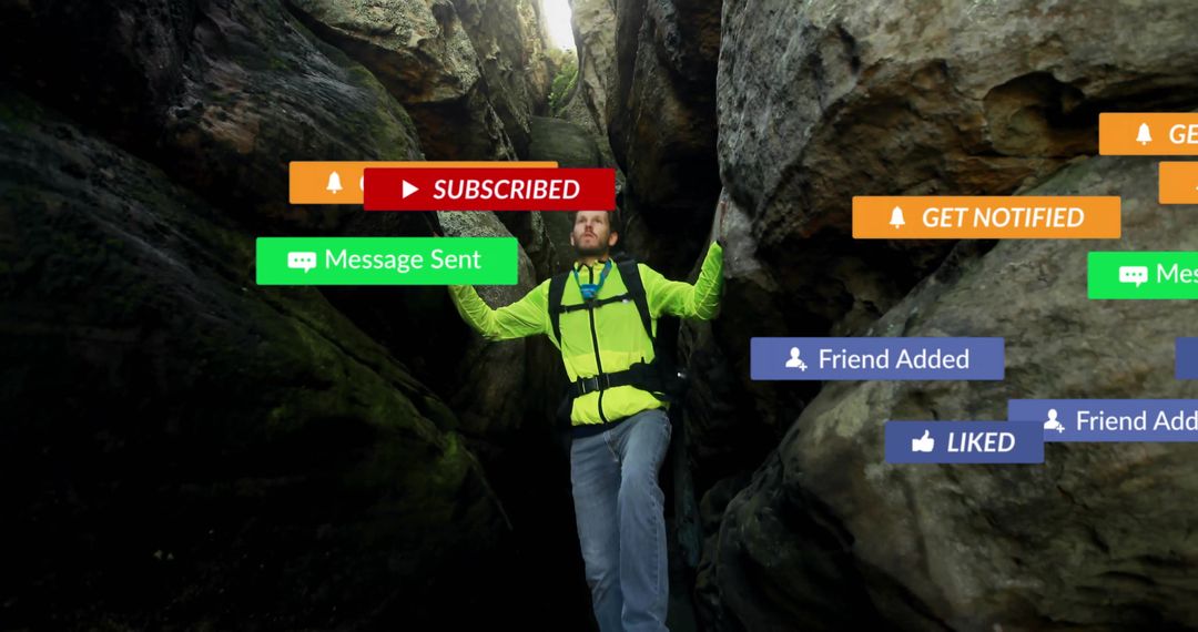 Hiker in Neon Green Jacket with Digital Notifications in Rocky Canyon