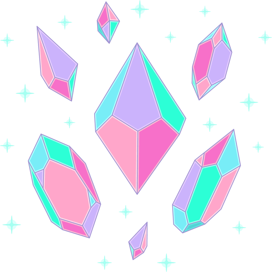 Floating Pastel Crystals with Sparkling Stars on Transparent Background