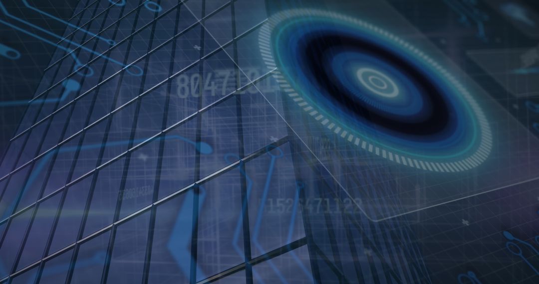 Futuristic Hologram Disk Near Mirrored Skyscraper Facade