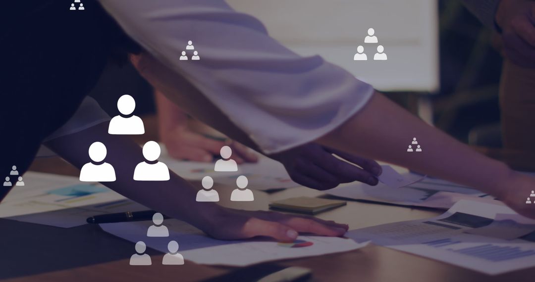 Team Collaborating in Office with Overlay of Social Media Icons