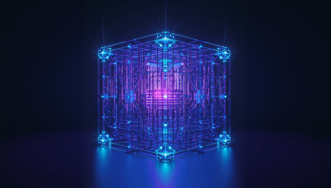 Futuristic Neon Cube Enclosing Glowing Core in Dark Space