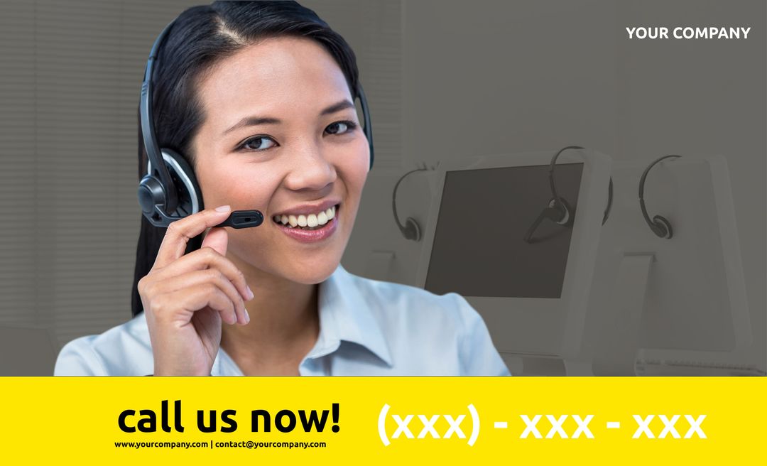 Smiling Customer Service Representative with Headset Promoting Service Excellence - Download Free Stock Templates Pikwizard.com