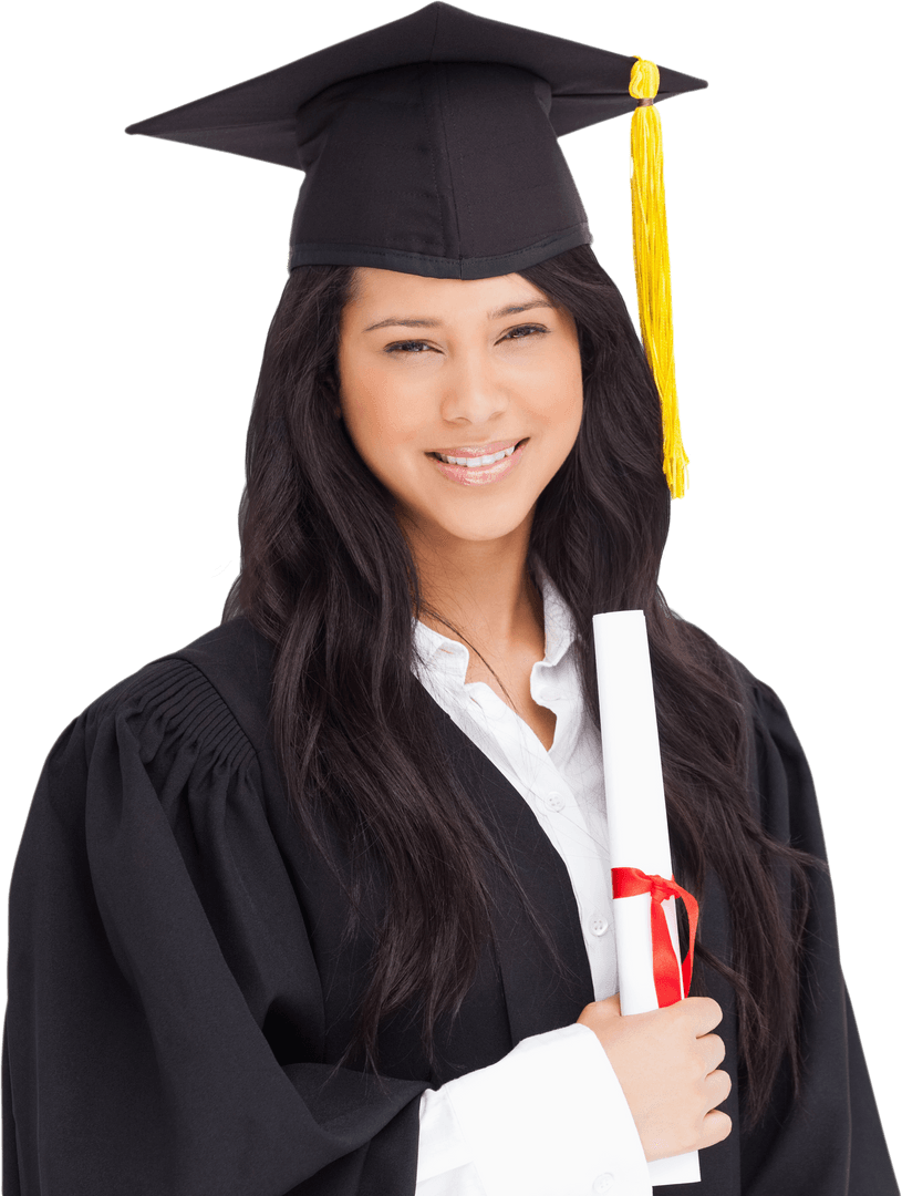 Smiling Graduate in Cap and Gown with Diploma Transparent Background