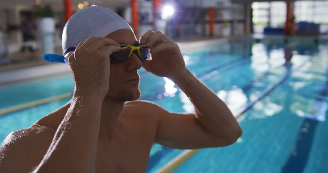 Professional Swimmer Adjusting Goggles Near Training Pool - Free Images, Stock Photos and Pictures on Pikwizard.com