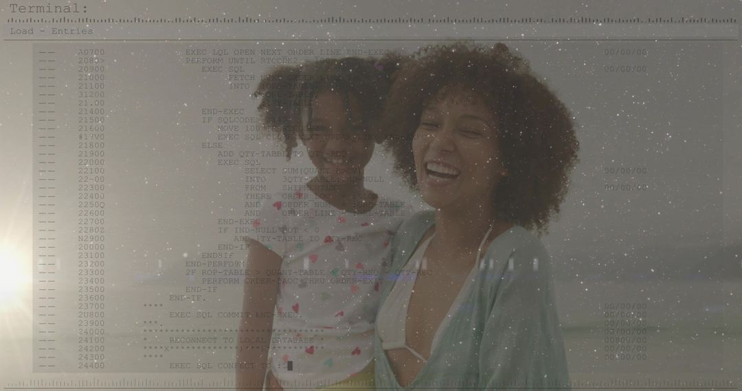 Happy Mother and Daughter Enjoying Beach Overlayed with Codes