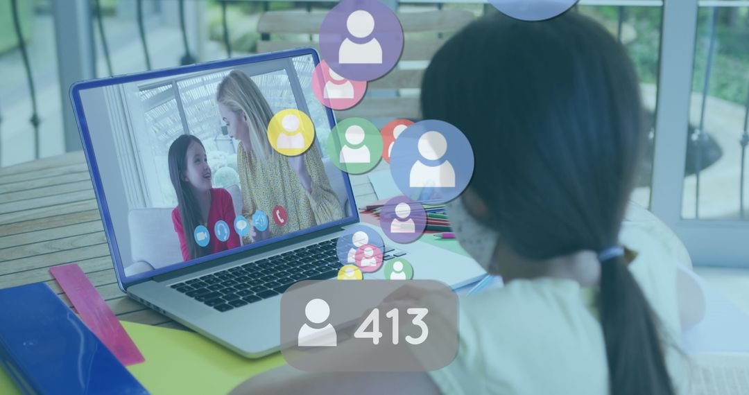 Child Using Laptop for Video Call with Social Interaction Icons