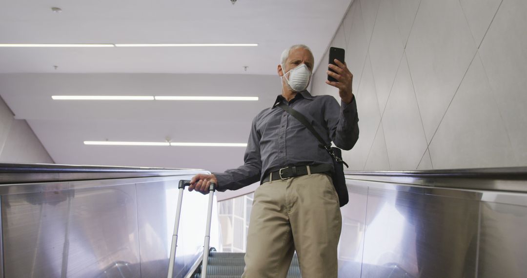 Older man traveling with suitcase using smartphone on escalator - Free Images, Stock Photos and Pictures on Pikwizard.com